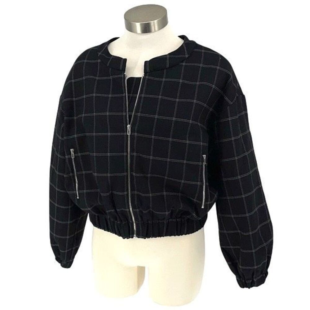 Line + Dot Womens Check Print Full Zip Long Sleeve Bomber Jacket Black Small